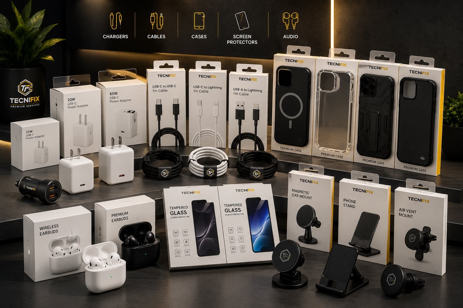 Tecnifix accessories including US wall chargers, USB-C cables, phone cases, tempered glass screen protectors and wireless earbuds
