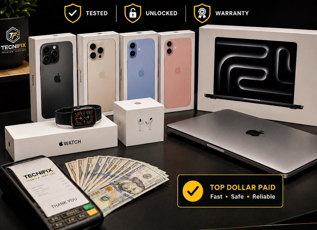Phones, MacBook, Apple Watch, AirPods and cash ready for a Tecnifix trade-in offer